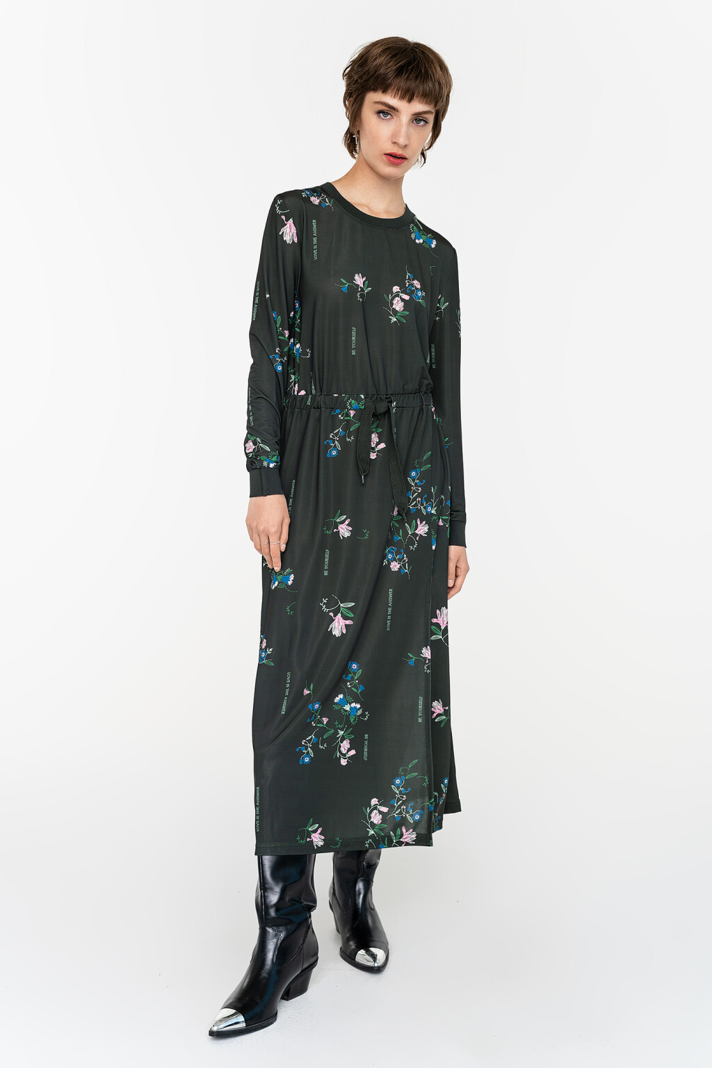 платье длинное с разрезом сбоку и завязками на талии - цвет зеленый - 4