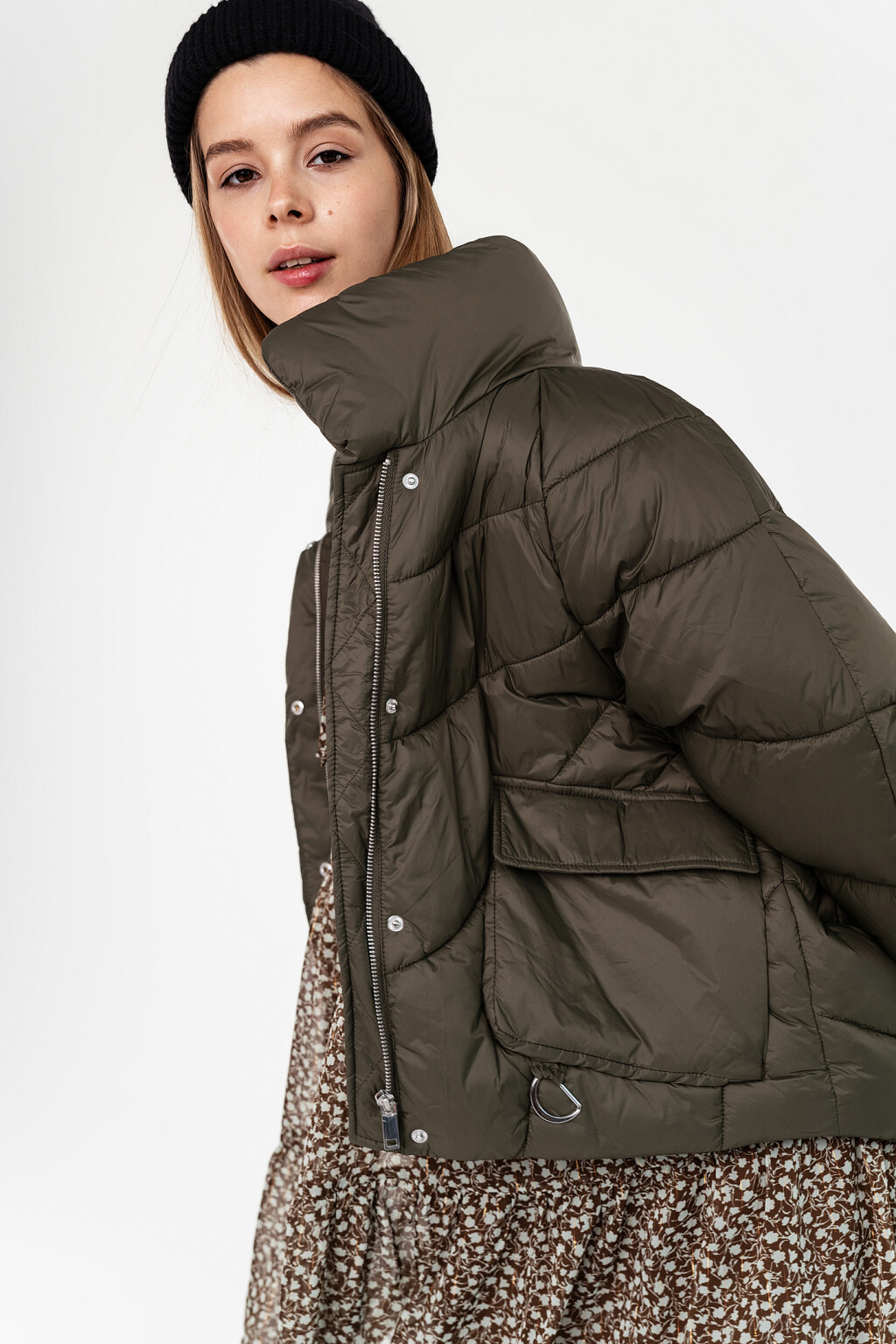 куртка стеганая утепленная с высоким воротом - цвет зеленый - 1