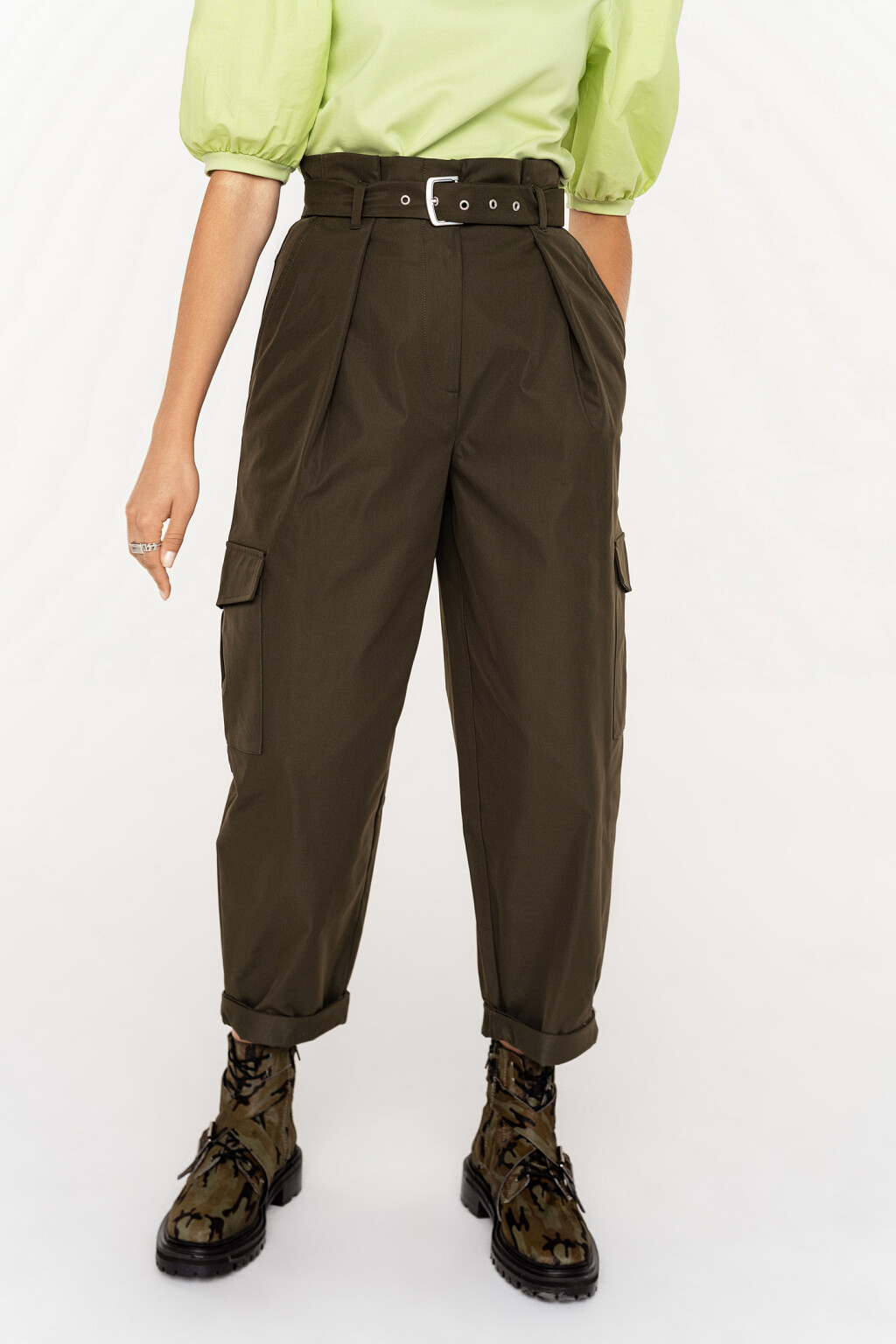 брюки широкие paperbag waist с поясом - цвет зеленый - 2