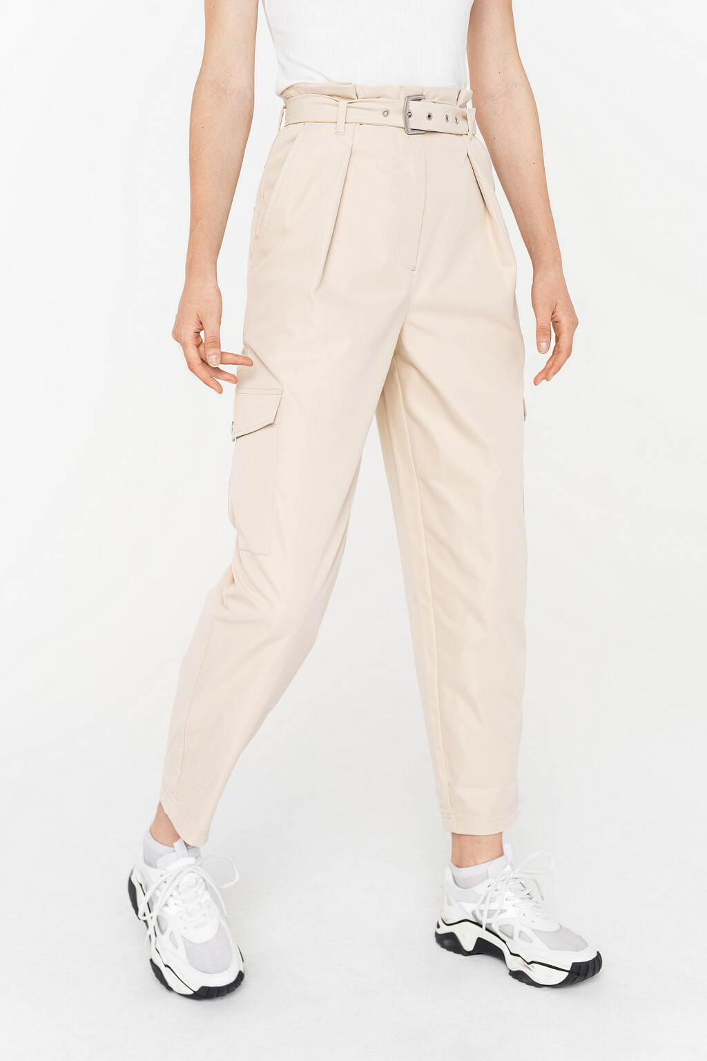 брюки широкие paperbag waist с поясом - цвет бежевый - 2