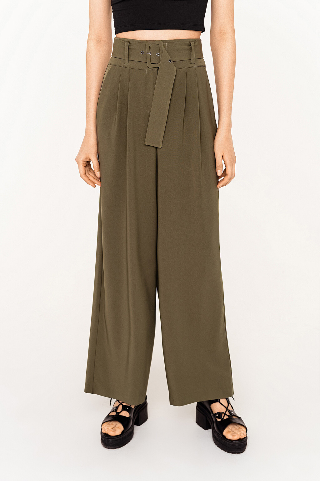 брюки-палаццо в классическом стиле с ремнем - цвет зеленый - 3