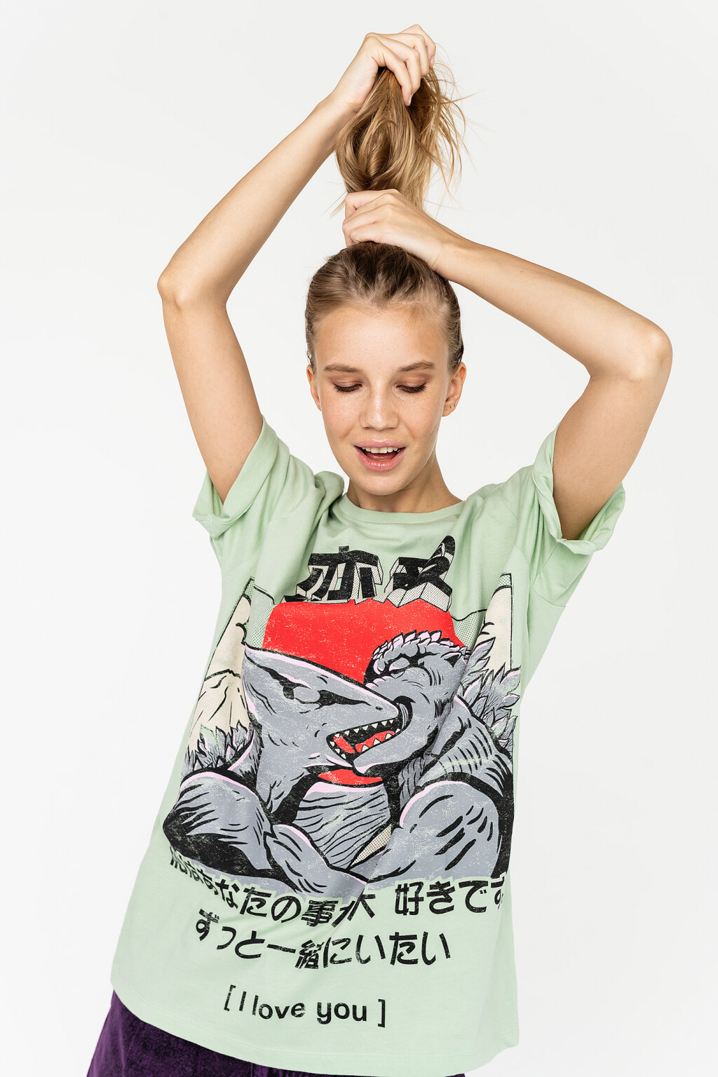 футболка oversize хлопковая с принтом годзилла - цвет зеленый - 1