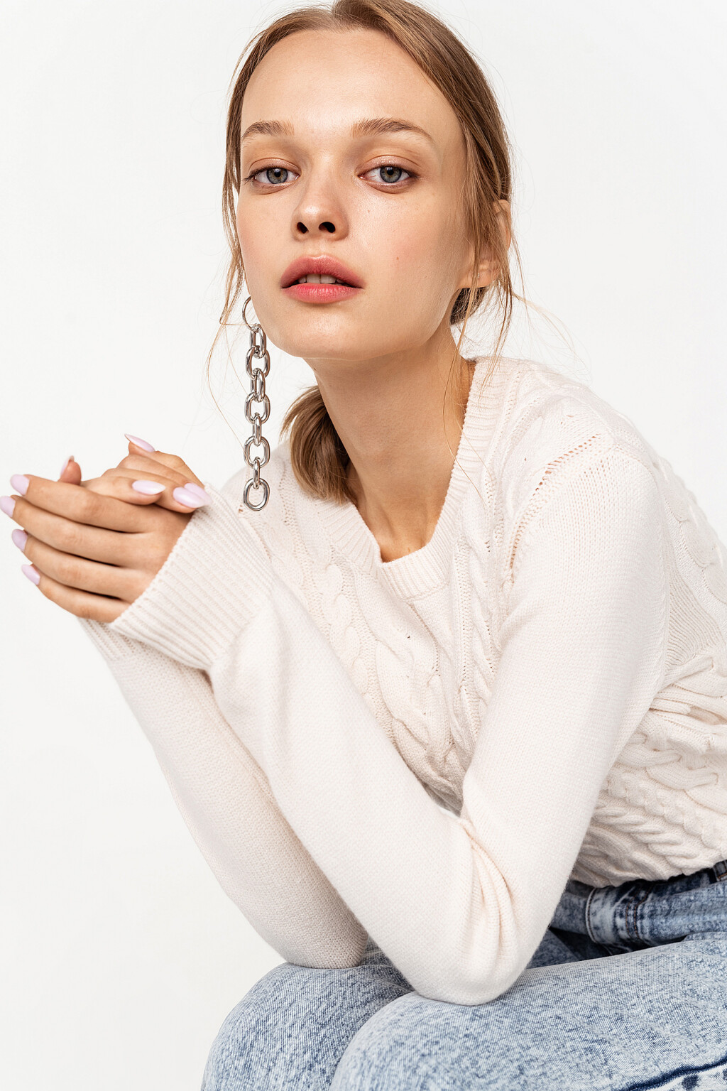 джемпер вязаный с узором косичкой - цвет бежевый - 1