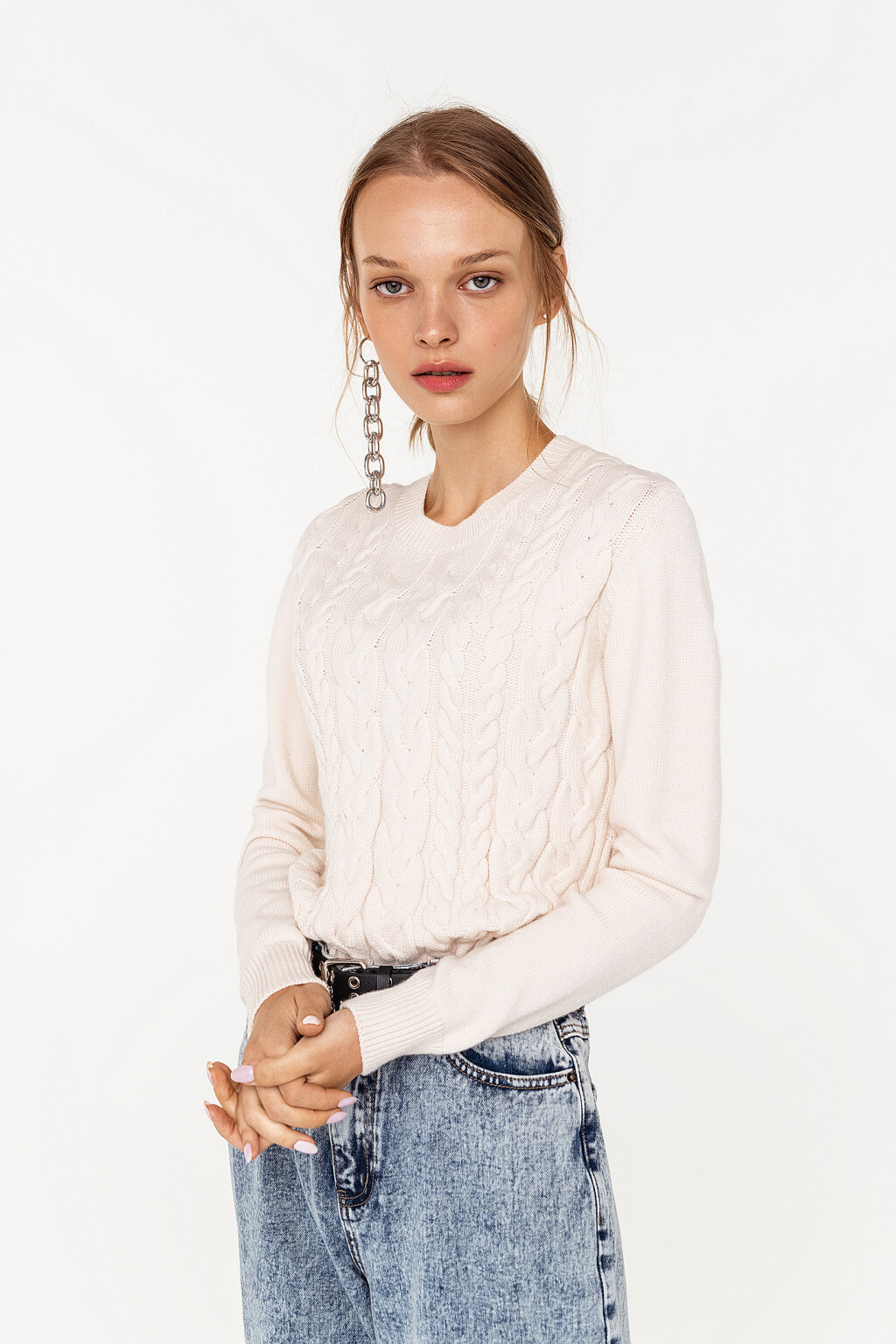 джемпер вязаный с узором косичкой - цвет бежевый - 2