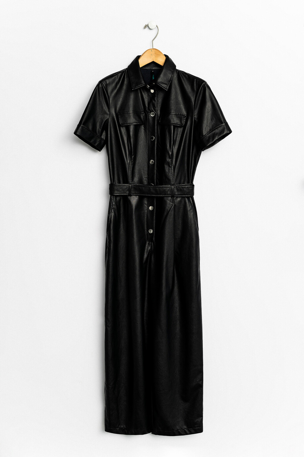 Комбинезон длинный из искусственной кожи с поясом - цвет черный - 1