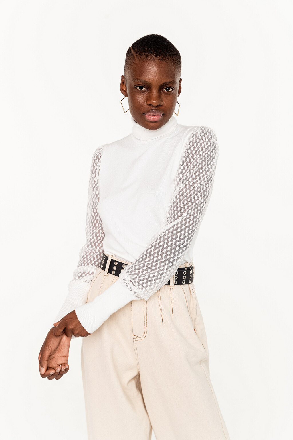 водолазка короткая с рукавами-фонариками из сетки - цвет белый - 1