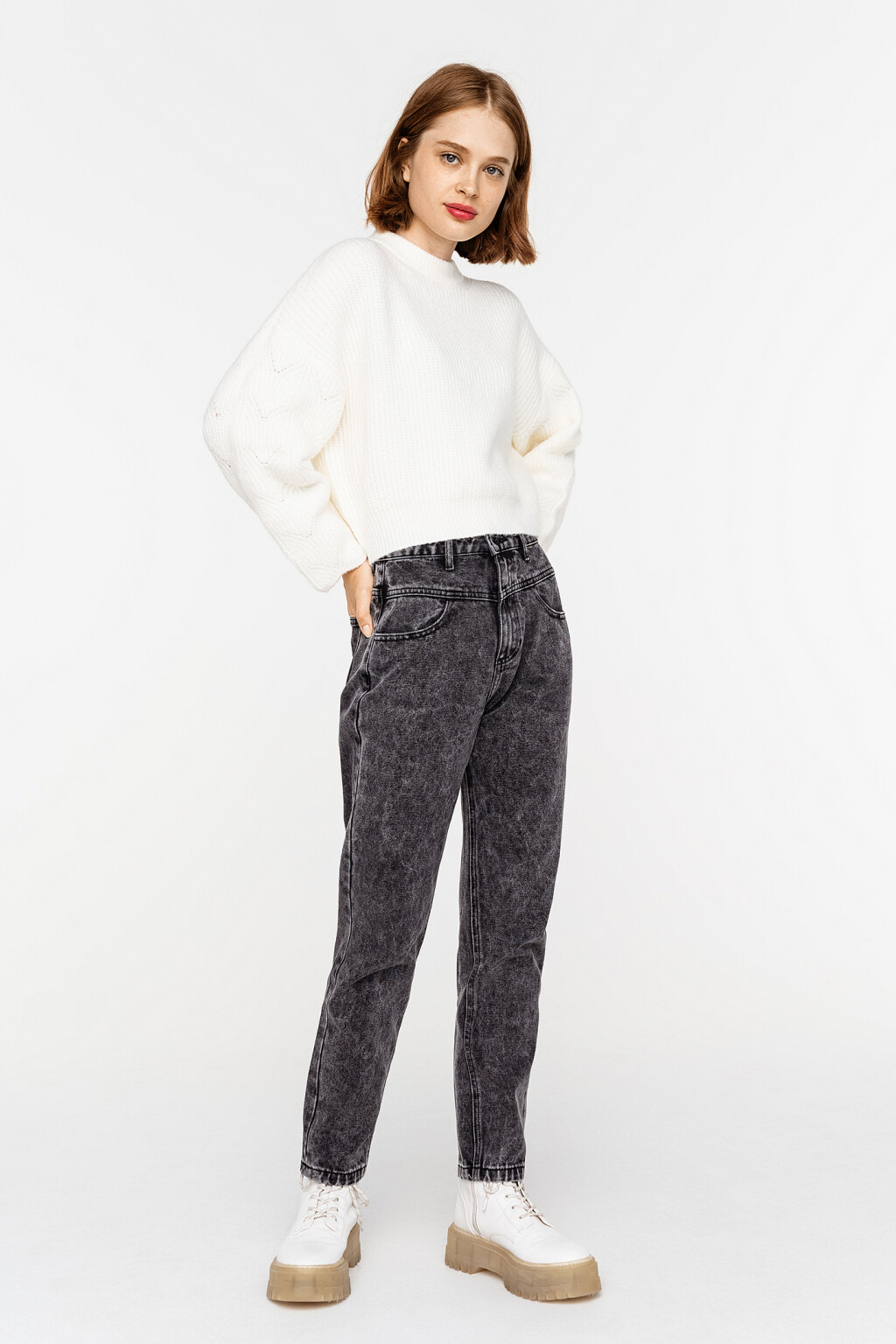 Джемпер короткий oversize крупной вязки - цвет бежевый - 3