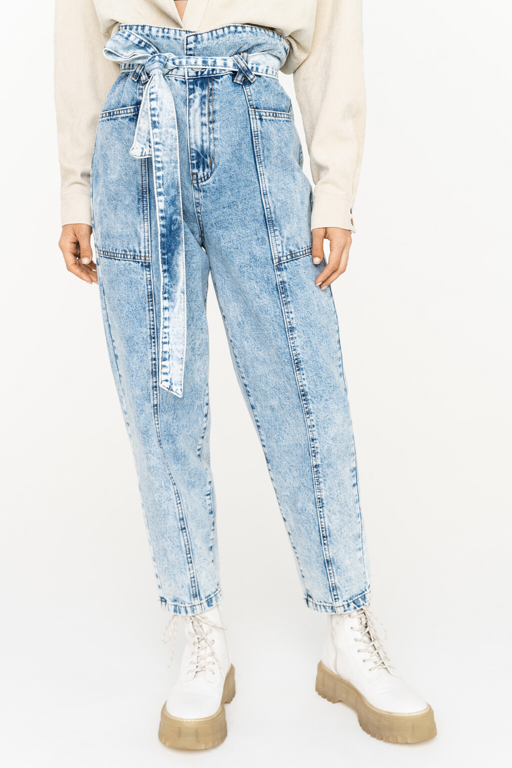 джинсы-бананы paperbag с поясом - цвет голубой - 3