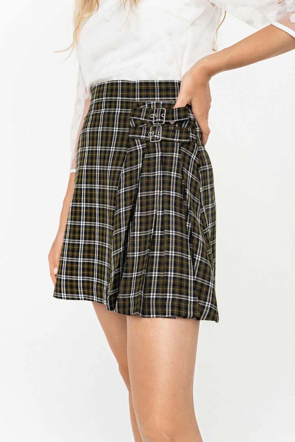 юбка мини в клетку со складками - цвет зеленый - 3
