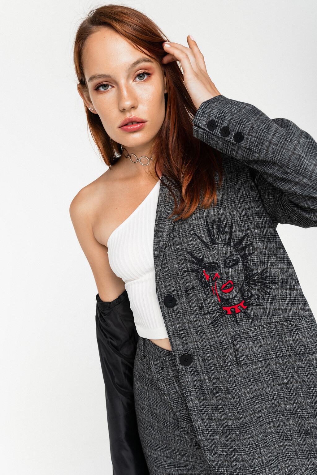 пиджак oversize в клетку с вышивкой - цвет мультиколор - 1