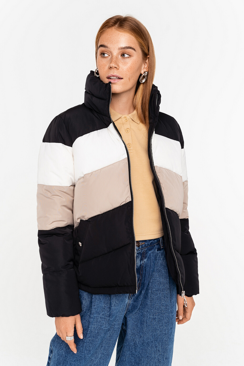 куртка утепленная в стиле колор-блок на молнии - цвет черный - 3