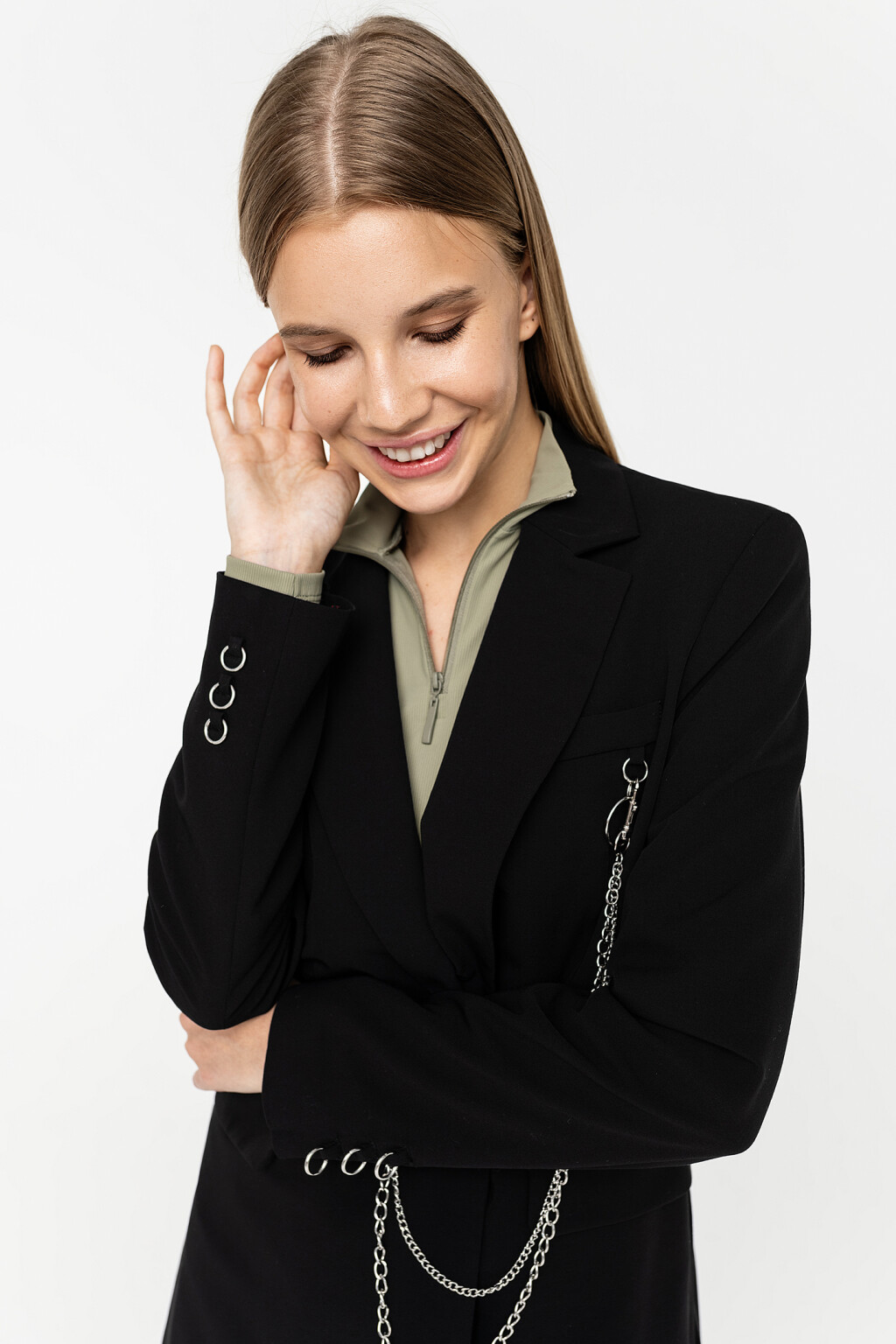 Пиджак с лацканами и поясом с цепочкой - цвет черный - 3