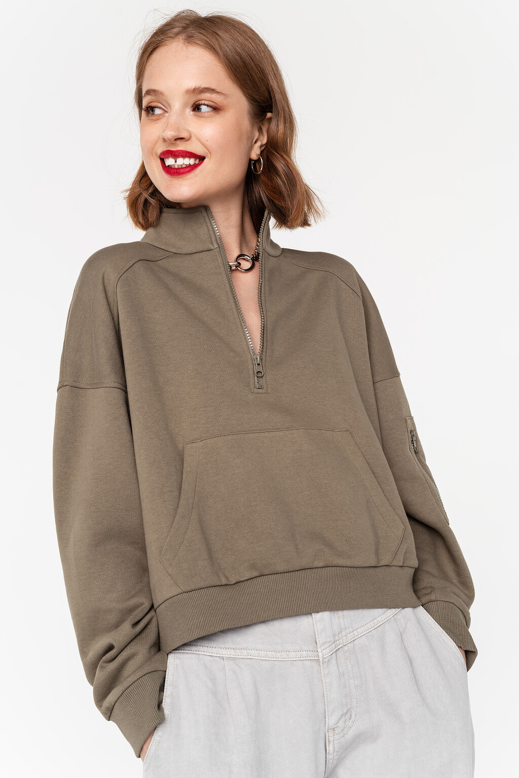 толстовка oversize с воротником на молнии - цвет зеленый - 1