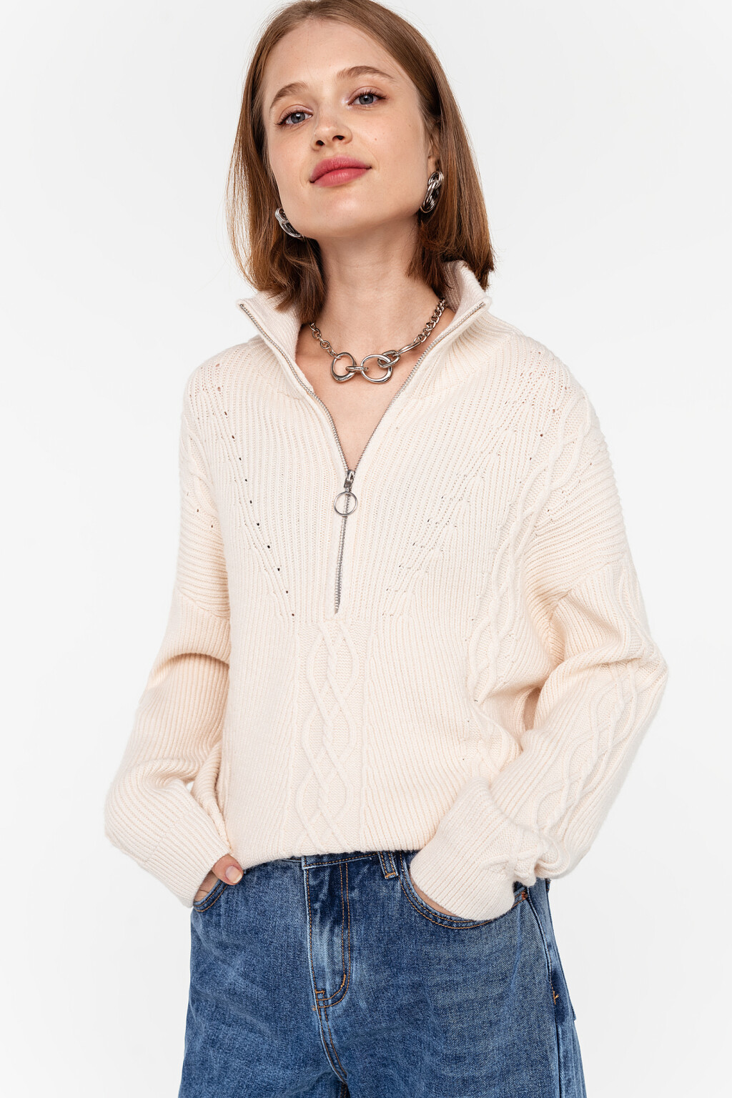джемпер вязаный с воротником-стойкой на молнии - цвет бежевый - 1