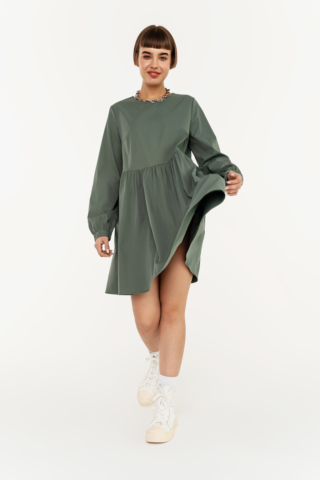 платье с объемными рукавами и завышенной талией - цвет зеленый - 3