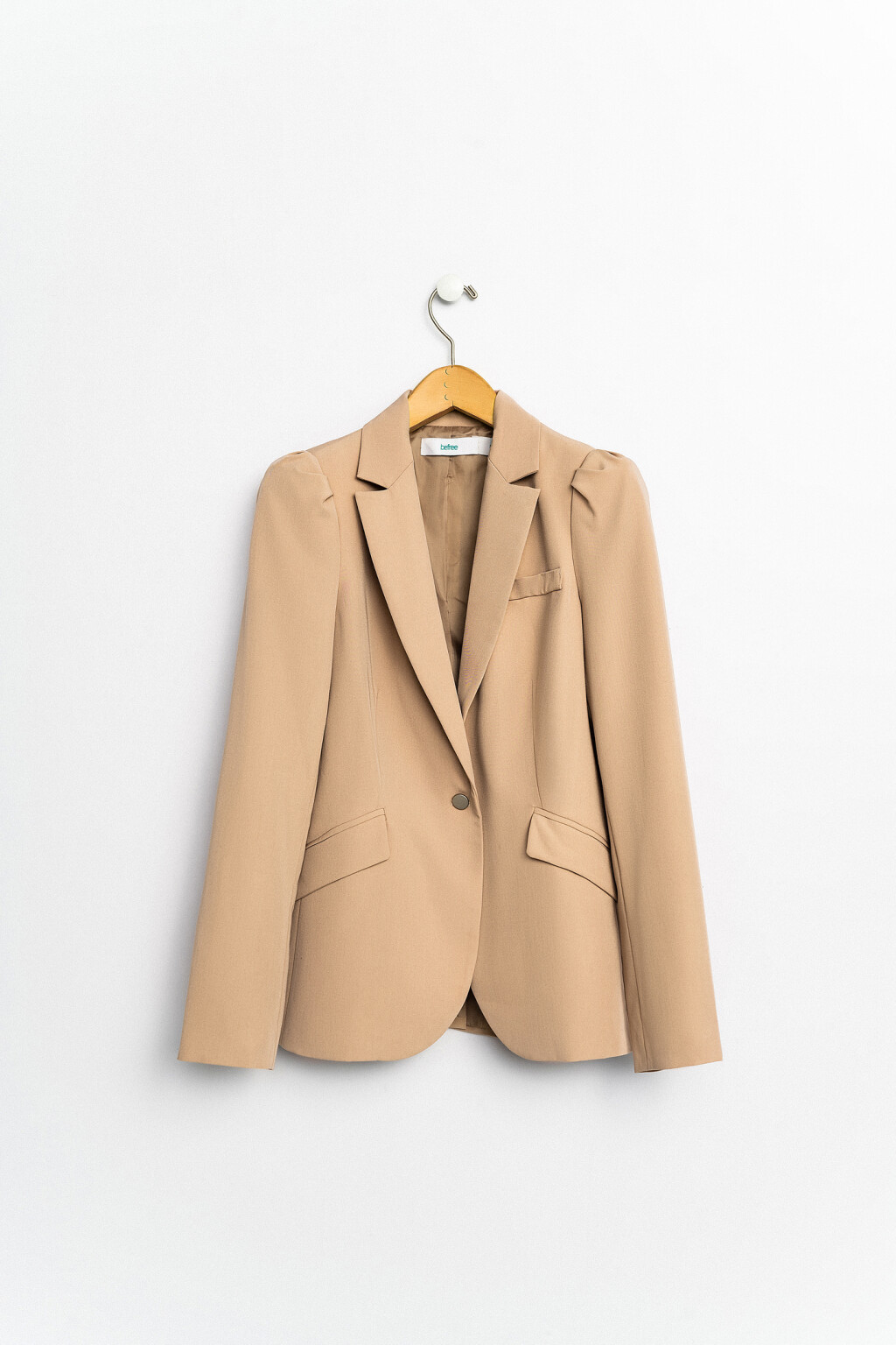 жакет удлиненный на одну пуговицу с рукавами-фонариками - цвет бежевый - 1