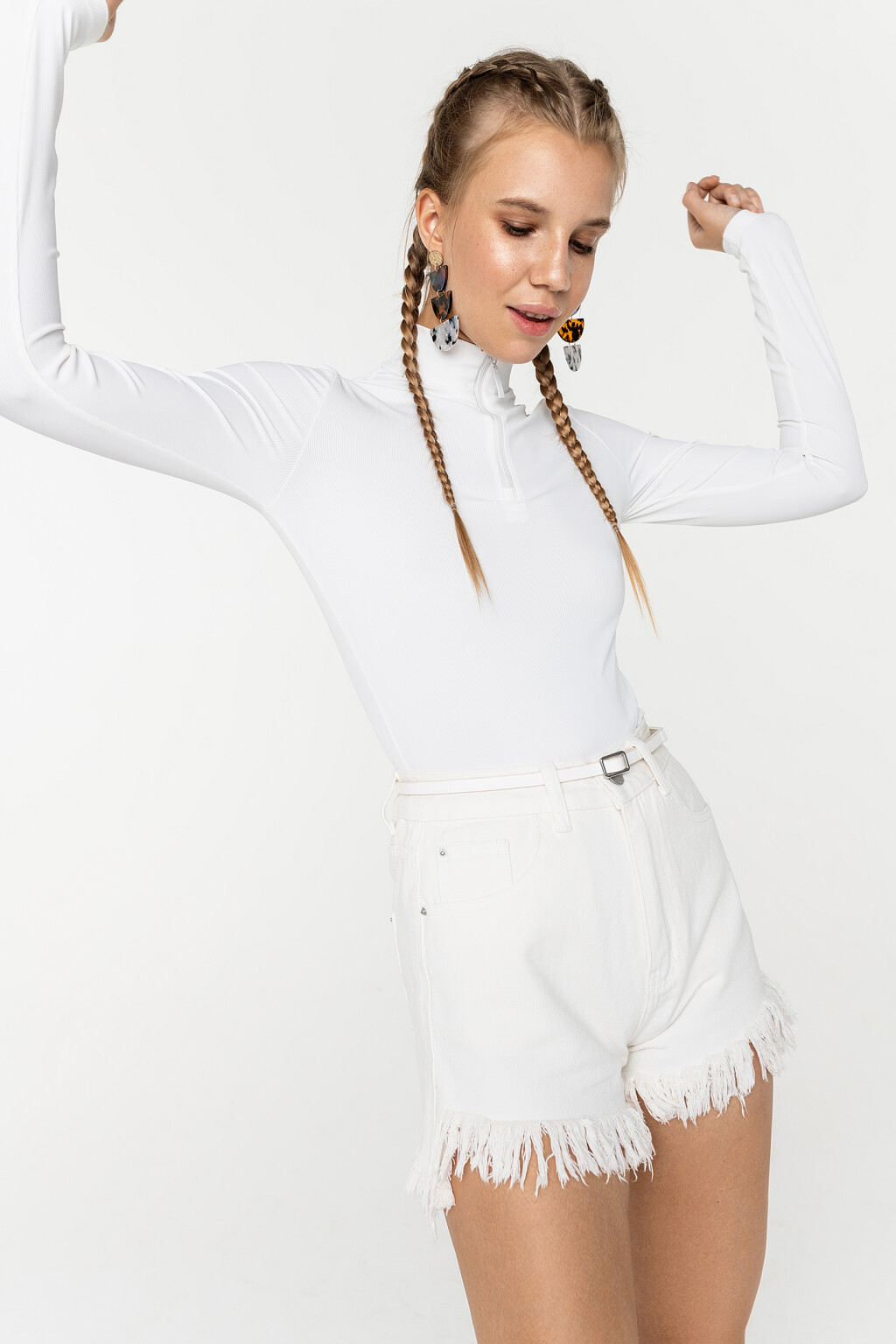 водолазка в мелкий рубчик с воротником на молнии - цвет белый - 1