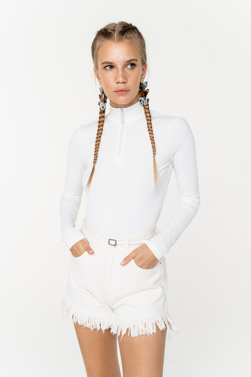 водолазка в мелкий рубчик с воротником на молнии - цвет белый - 3