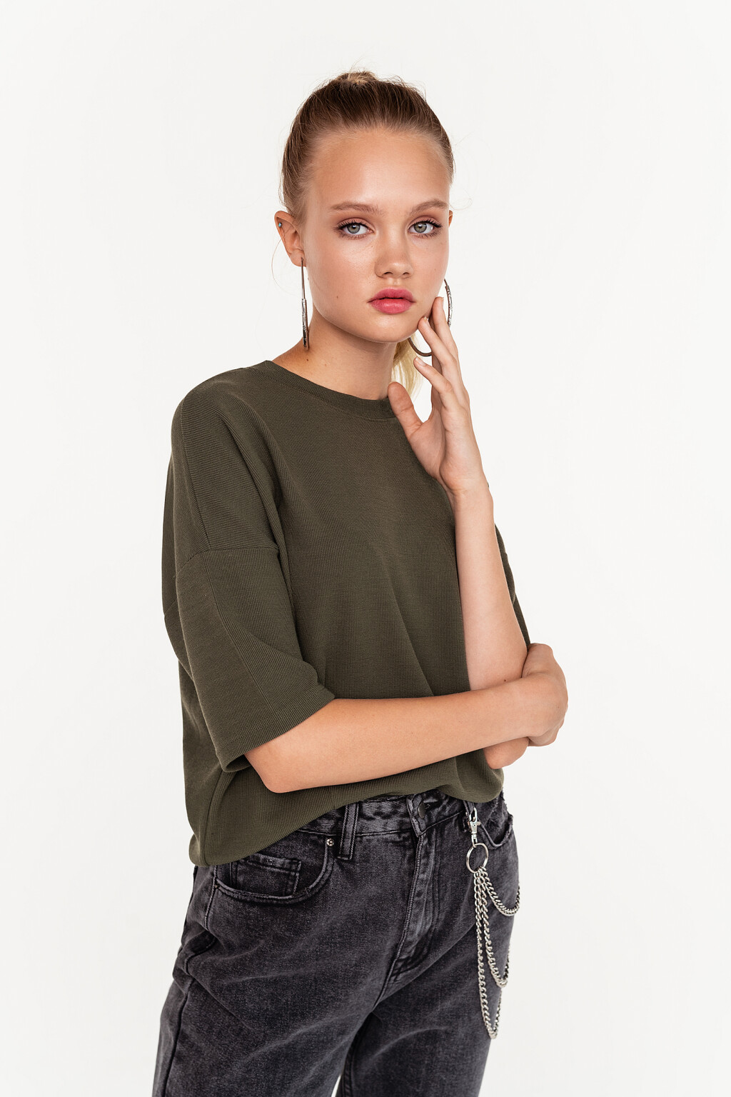 джемпер oversize в рубчик с короткими рукавами - цвет зеленый - 3