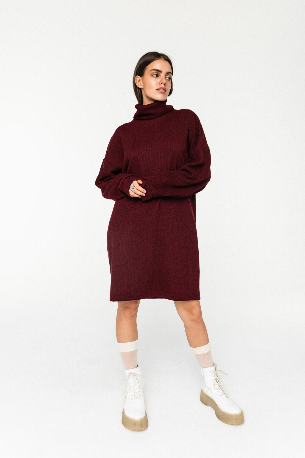 платье oversize трикотажное с высоким воротом - цвет бордовый - 3