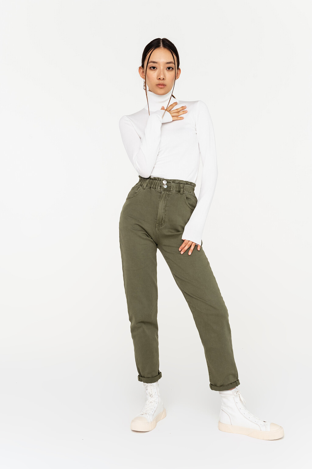 джинсы baggy хлопковые с резинкой на поясе - цвет зеленый - 1