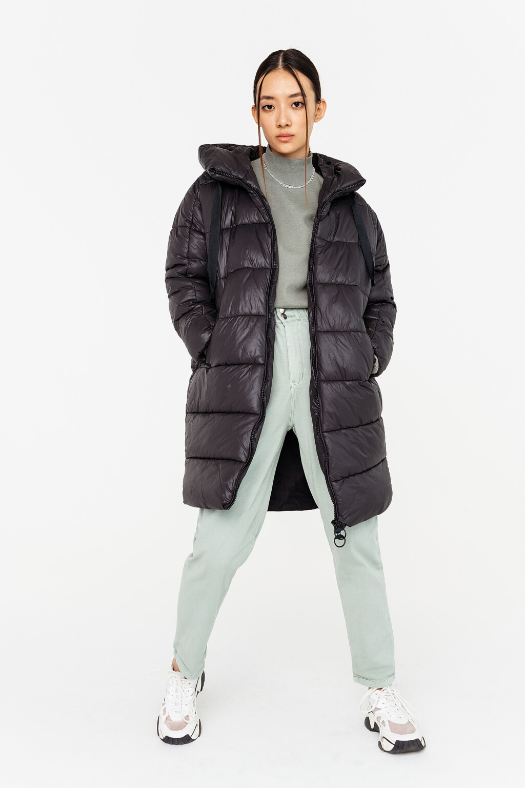 Пальто стеганое с капюшоном - цвет черный - 1