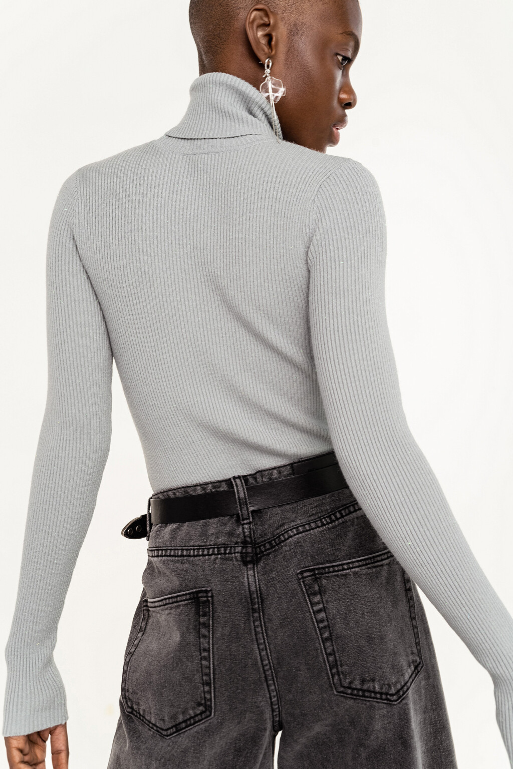 Свитер в мелкий рубчик с люрексом - цвет голубой - 1