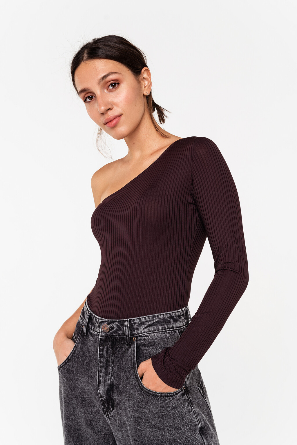 боди в рубчик на одно плечо - цвет бордовый - 1