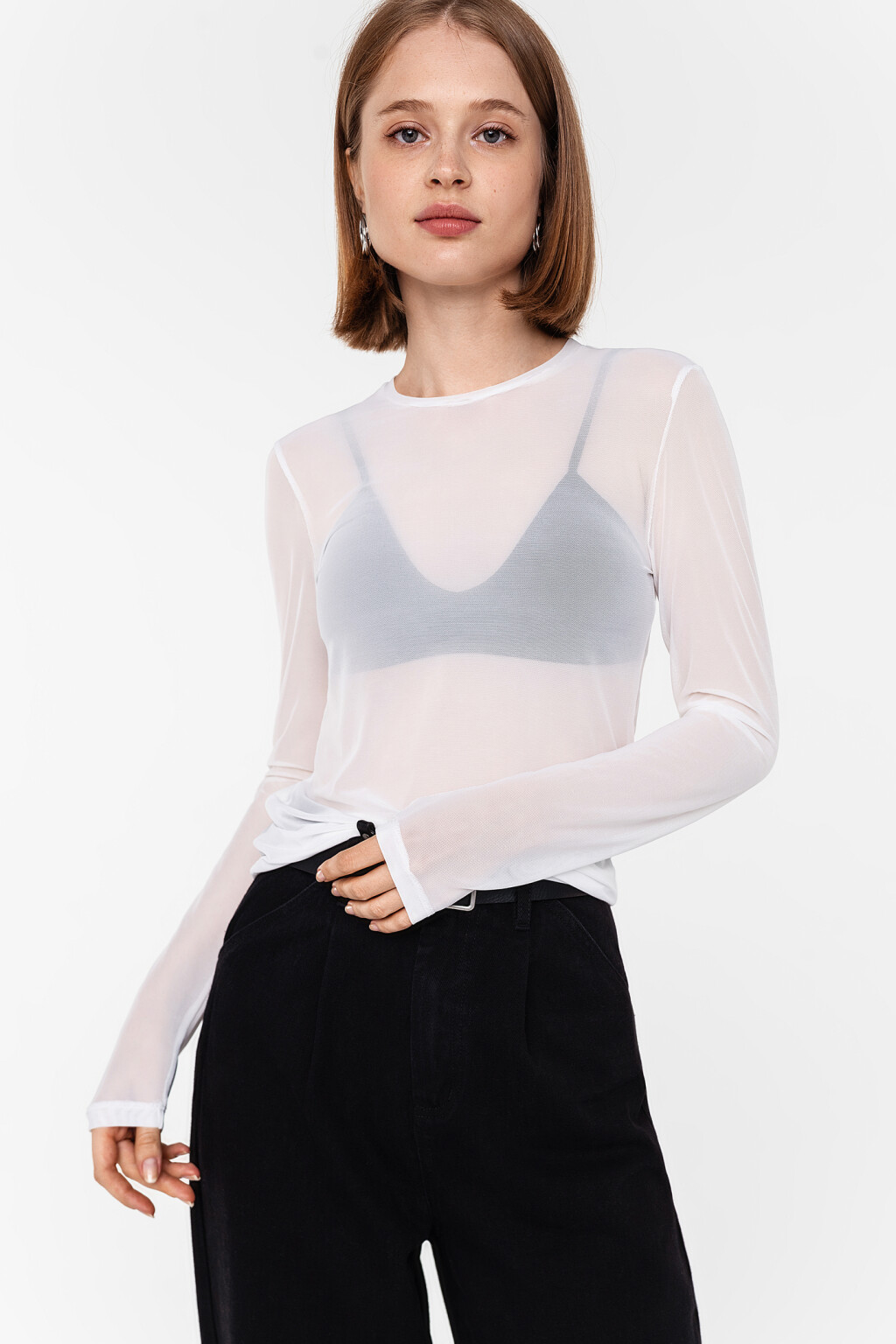 Лонгслив из сетки с круглым вырезом - цвет белый - 3