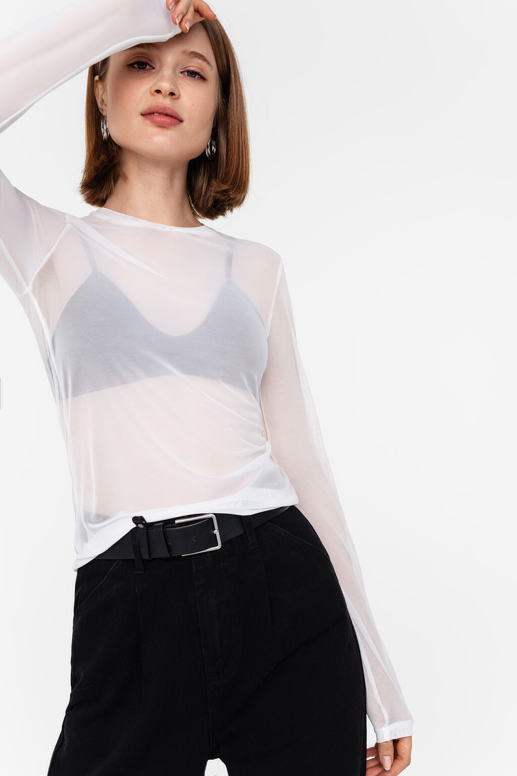 Лонгслив из сетки с круглым вырезом - цвет белый - 4