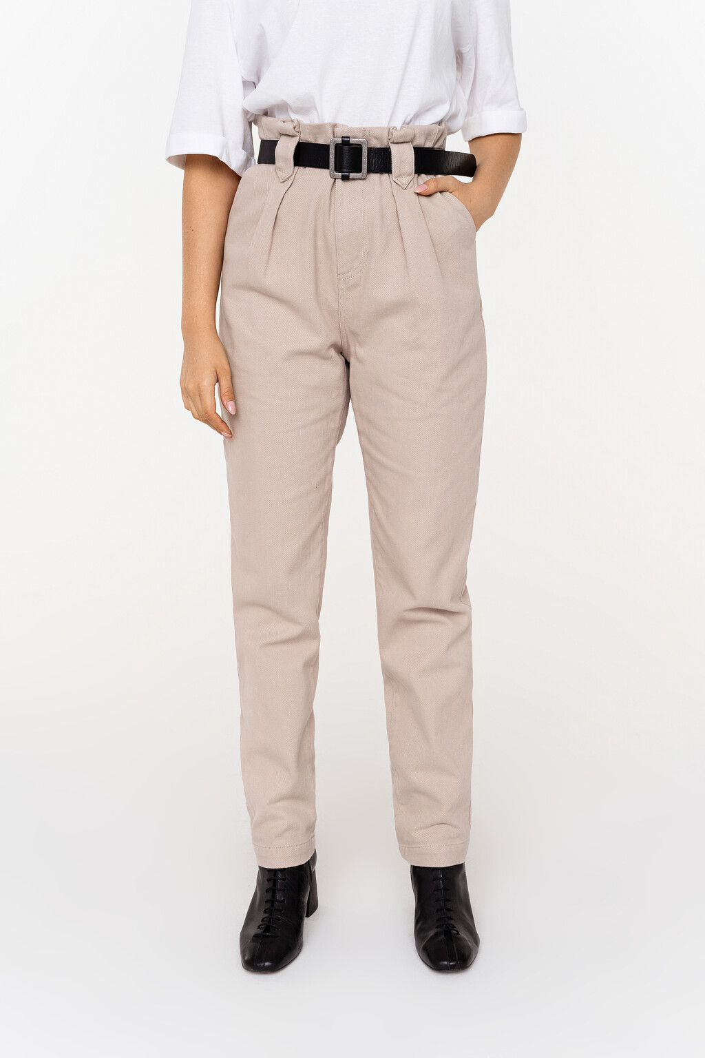 брюки хлопковые paperbag с ремнем - цвет бежевый - 1