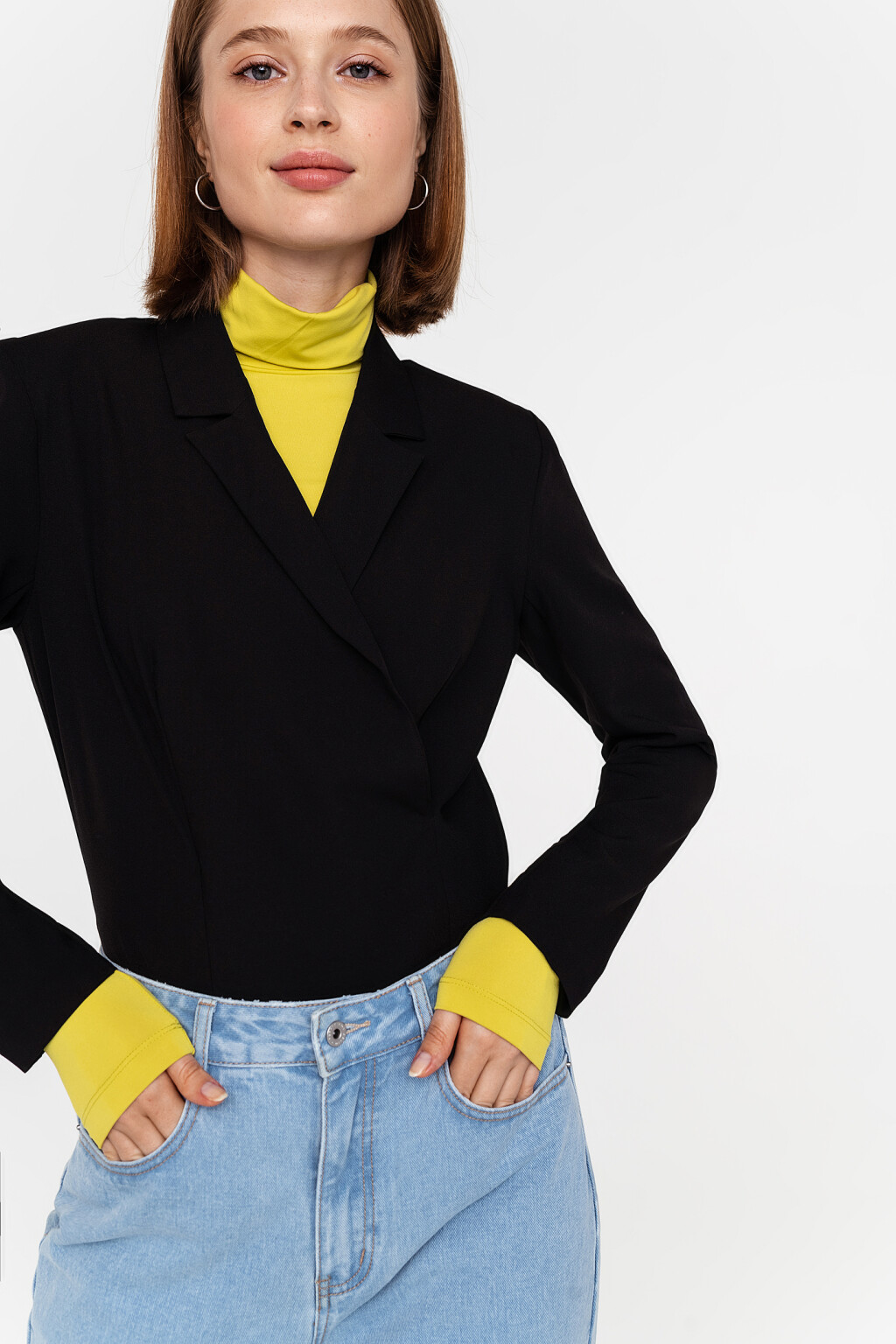 Пиджак-боди с отложным воротником с лацканами - цвет черный - 2