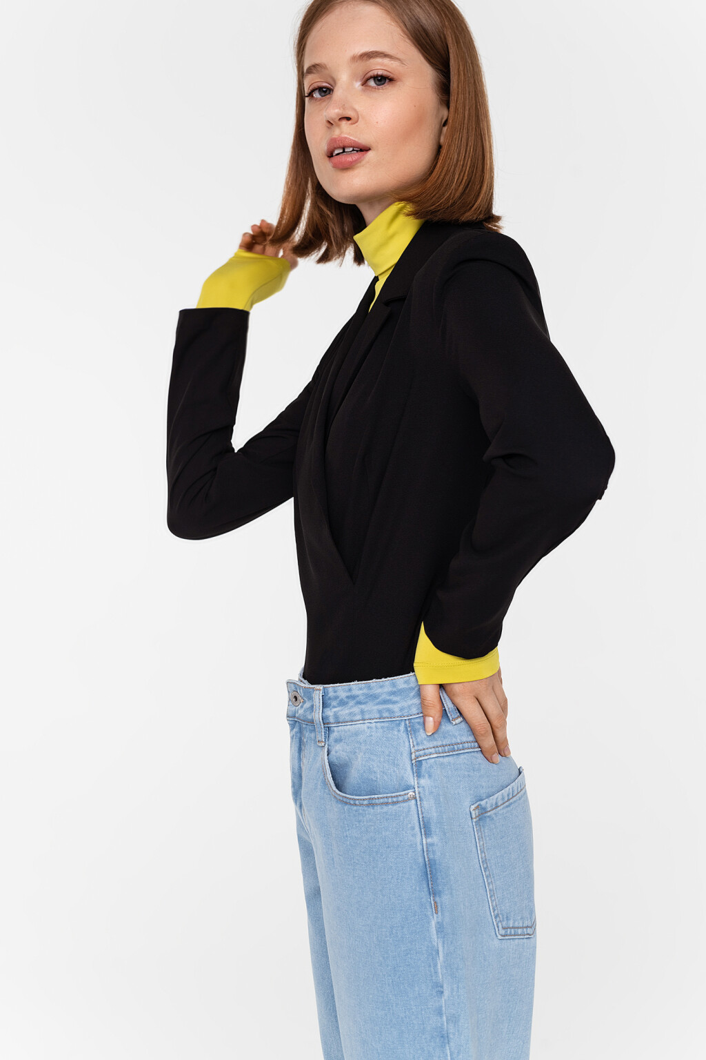 Пиджак-боди с отложным воротником с лацканами - цвет черный - 4