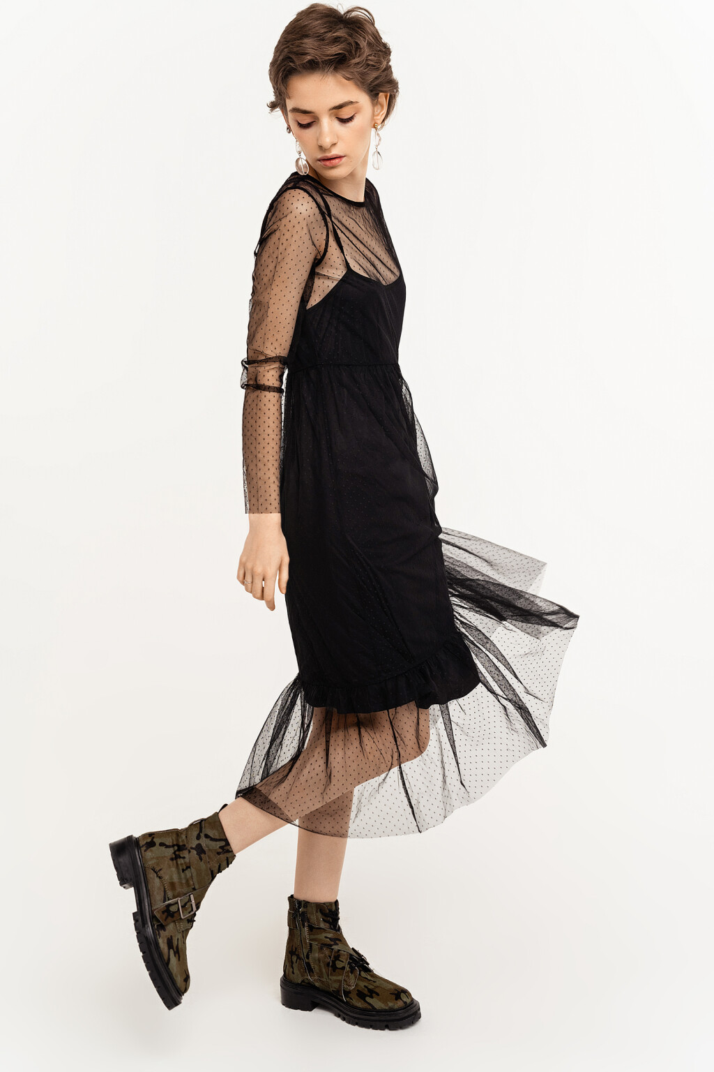 Платье а-силуэта из тюля в горошек - цвет черный - 1