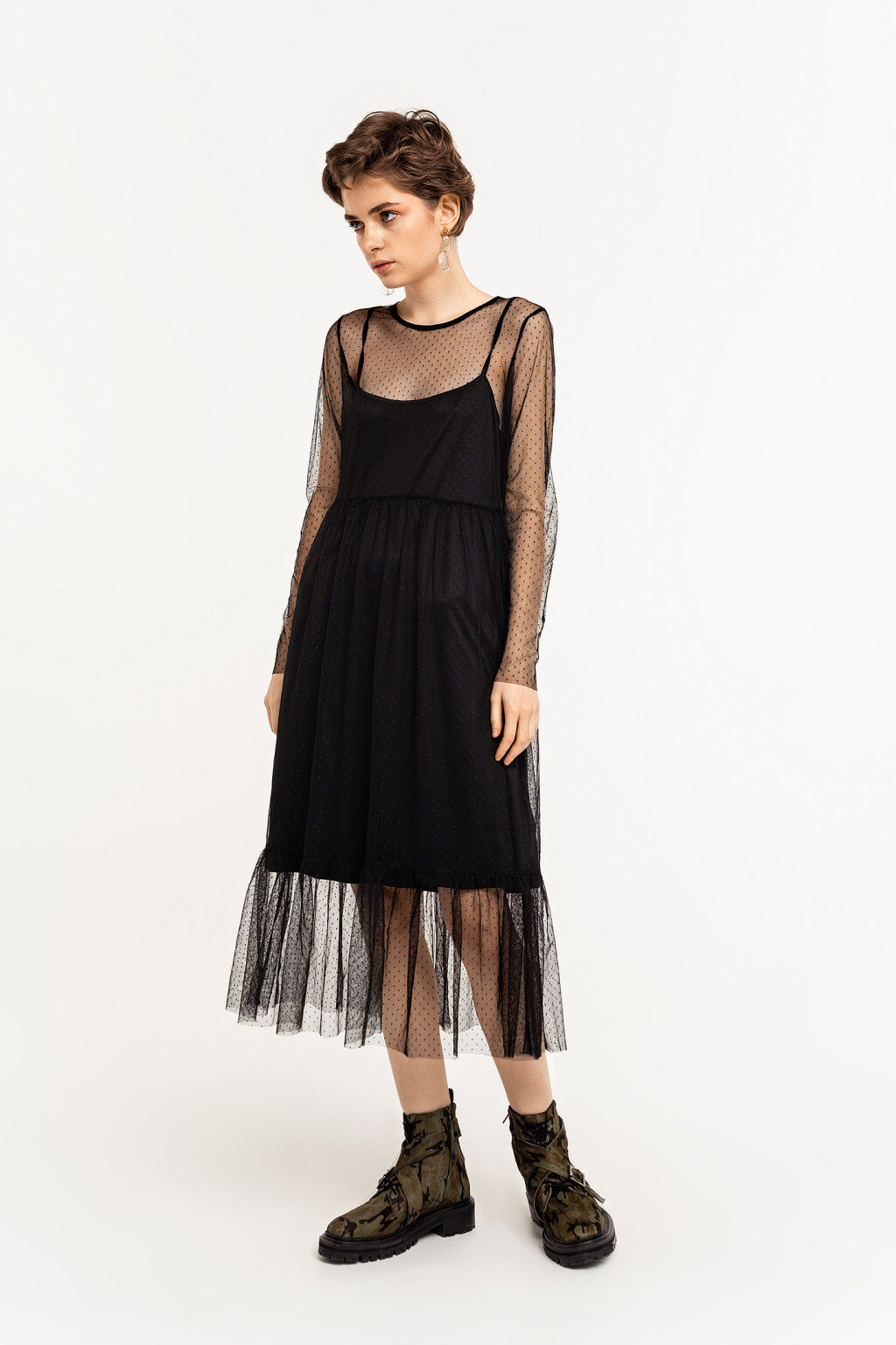 Платье а-силуэта из тюля в горошек - цвет черный - 2