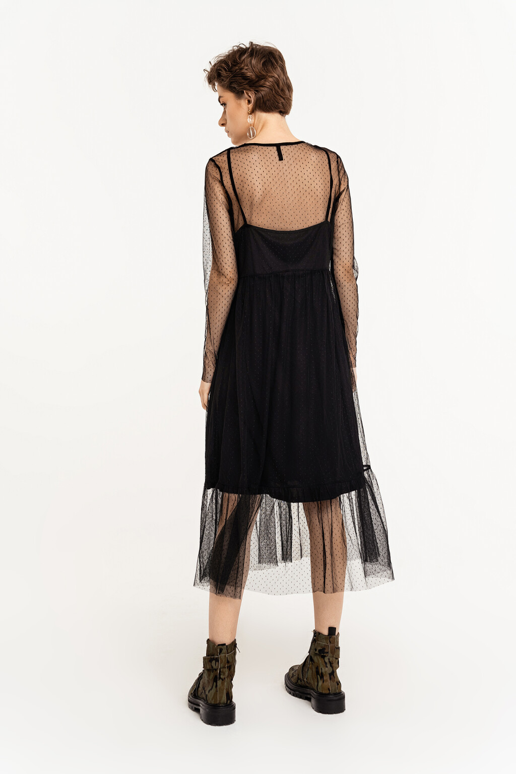 Платье а-силуэта из тюля в горошек - цвет черный - 4