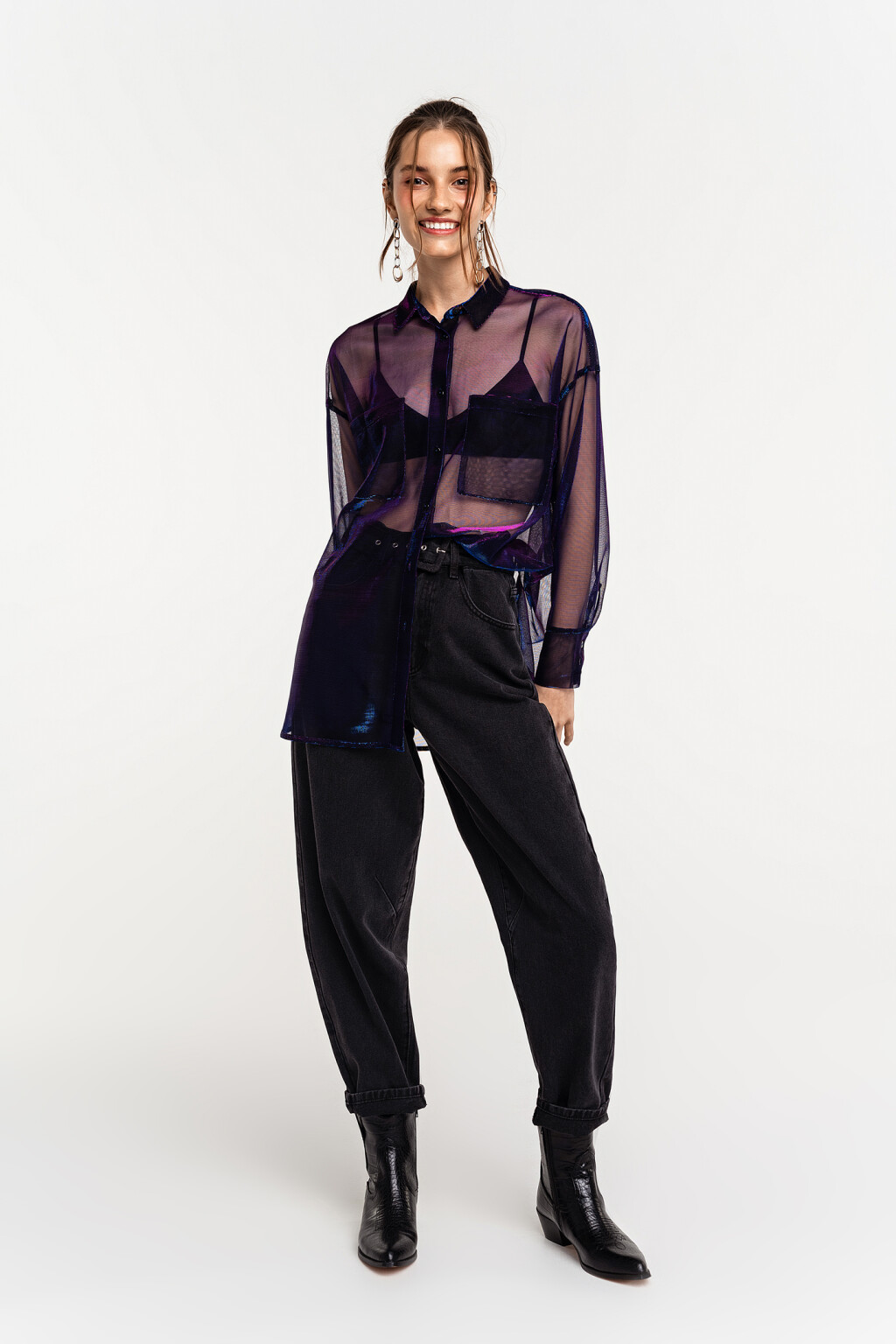 Джинсы-бананы с широким ремнем и прямоугольной пряжкой - цвет черный - 1