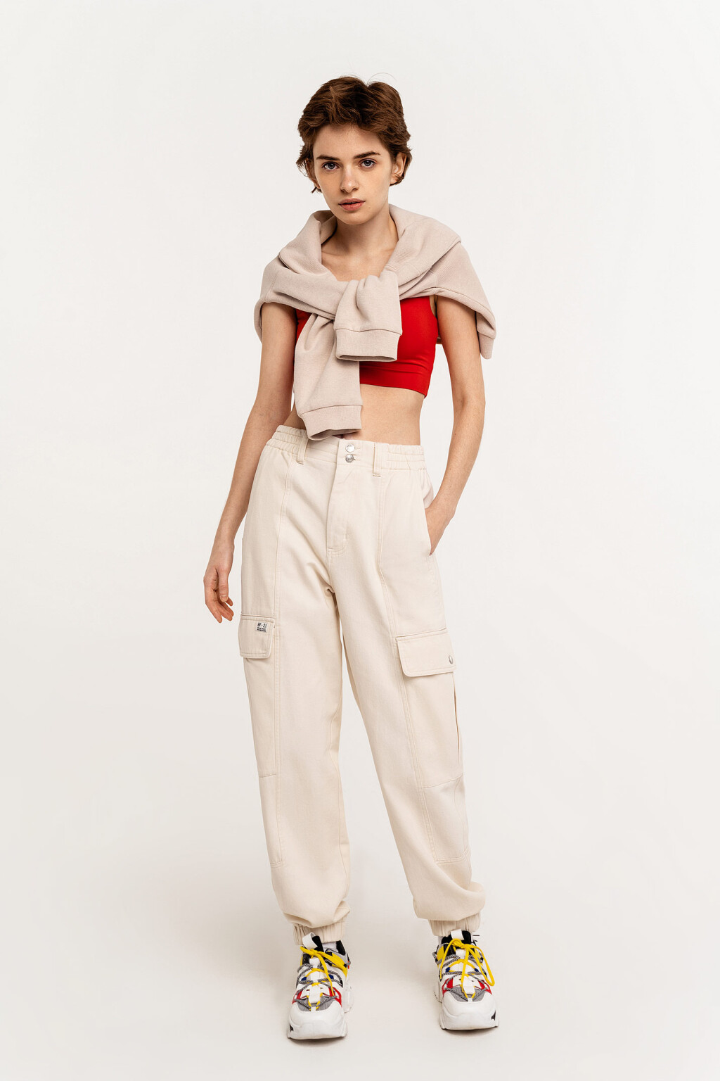 Брюки карго с эластичным поясом и резинками на манжетах - цвет белый - 1