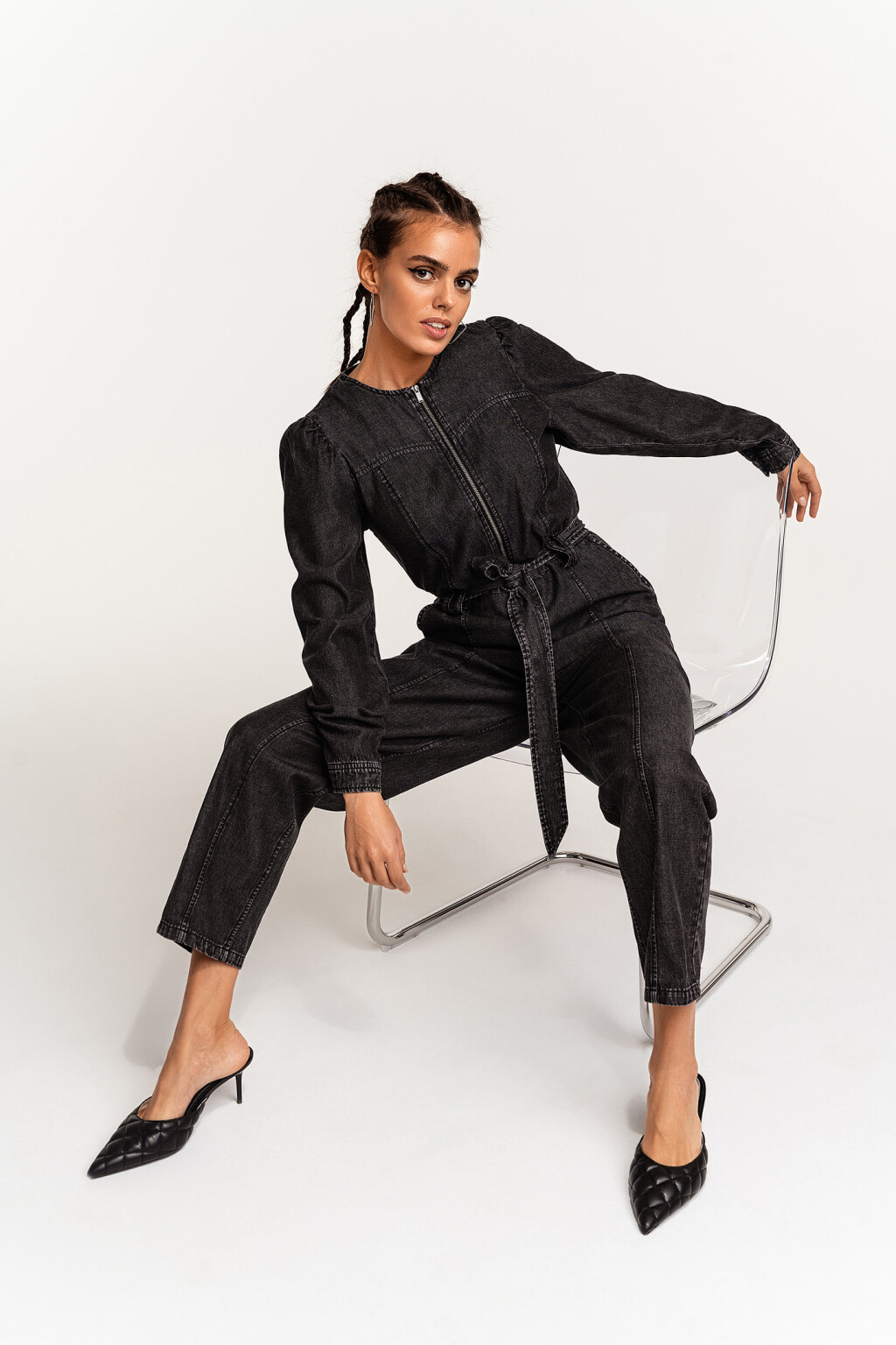 Комбинезон длинный джинсовый на молнии - цвет серый - 1