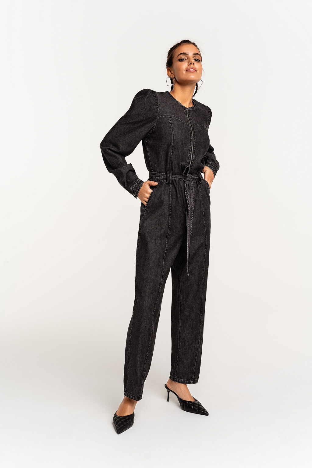 Комбинезон длинный джинсовый на молнии - цвет серый - 2