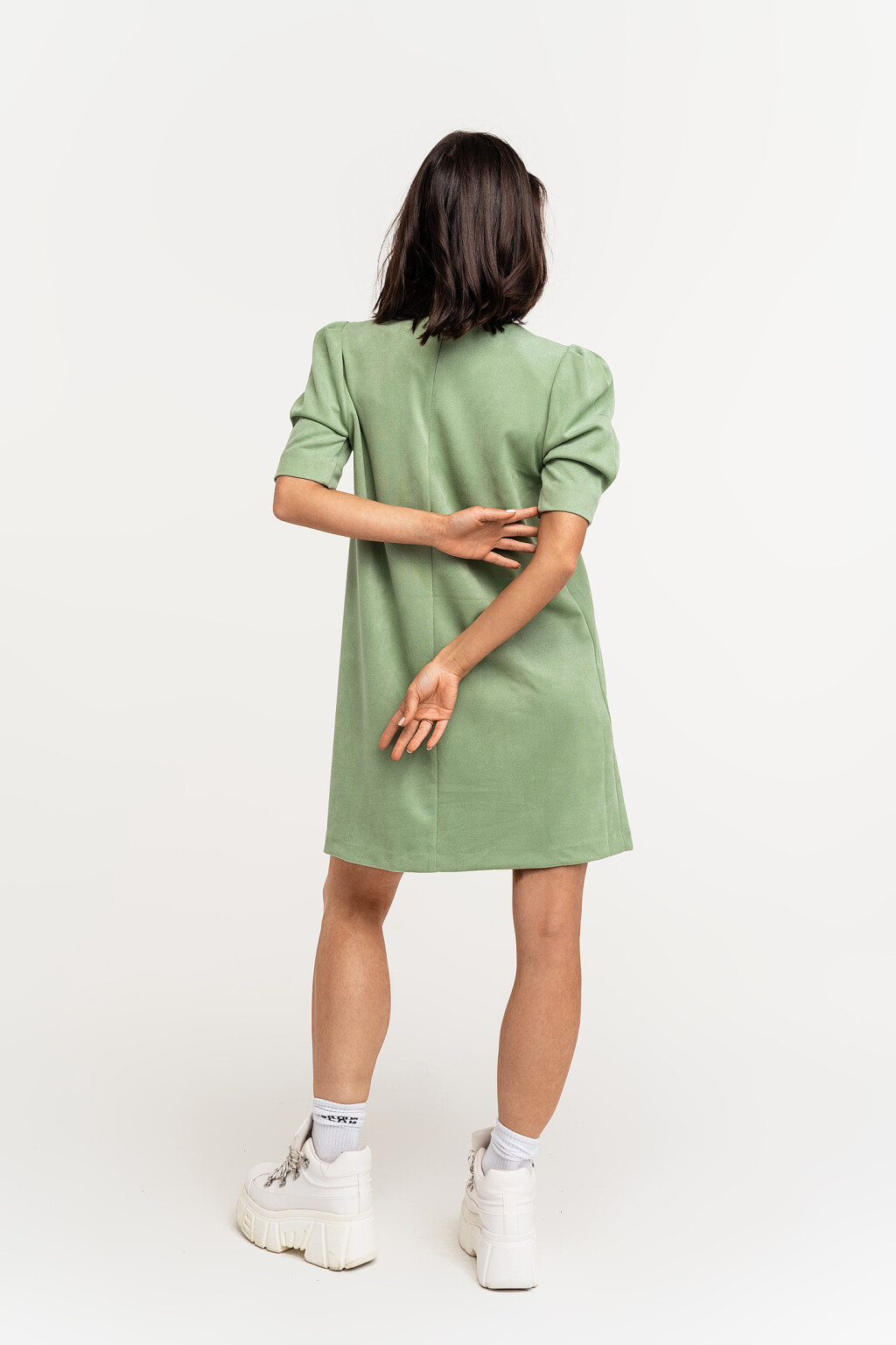 Платье мини свободного кроя с рукавами-фонариками - цвет зеленый - 5