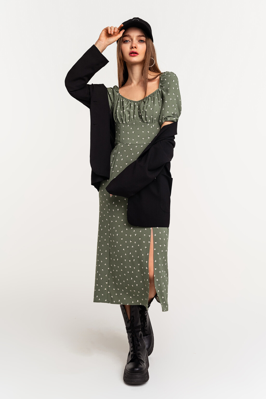 платье миди с рукавами-фонариками и высоким разрезом - цвет зеленый - 1