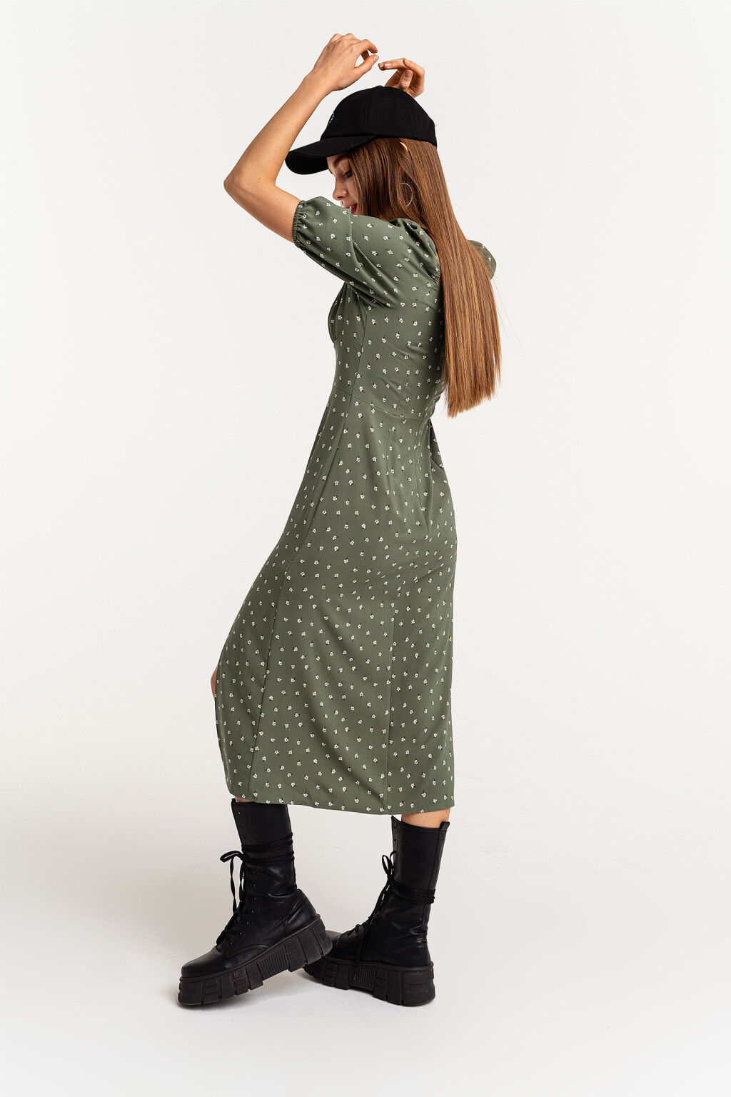 платье миди с рукавами-фонариками и высоким разрезом - цвет зеленый - 4