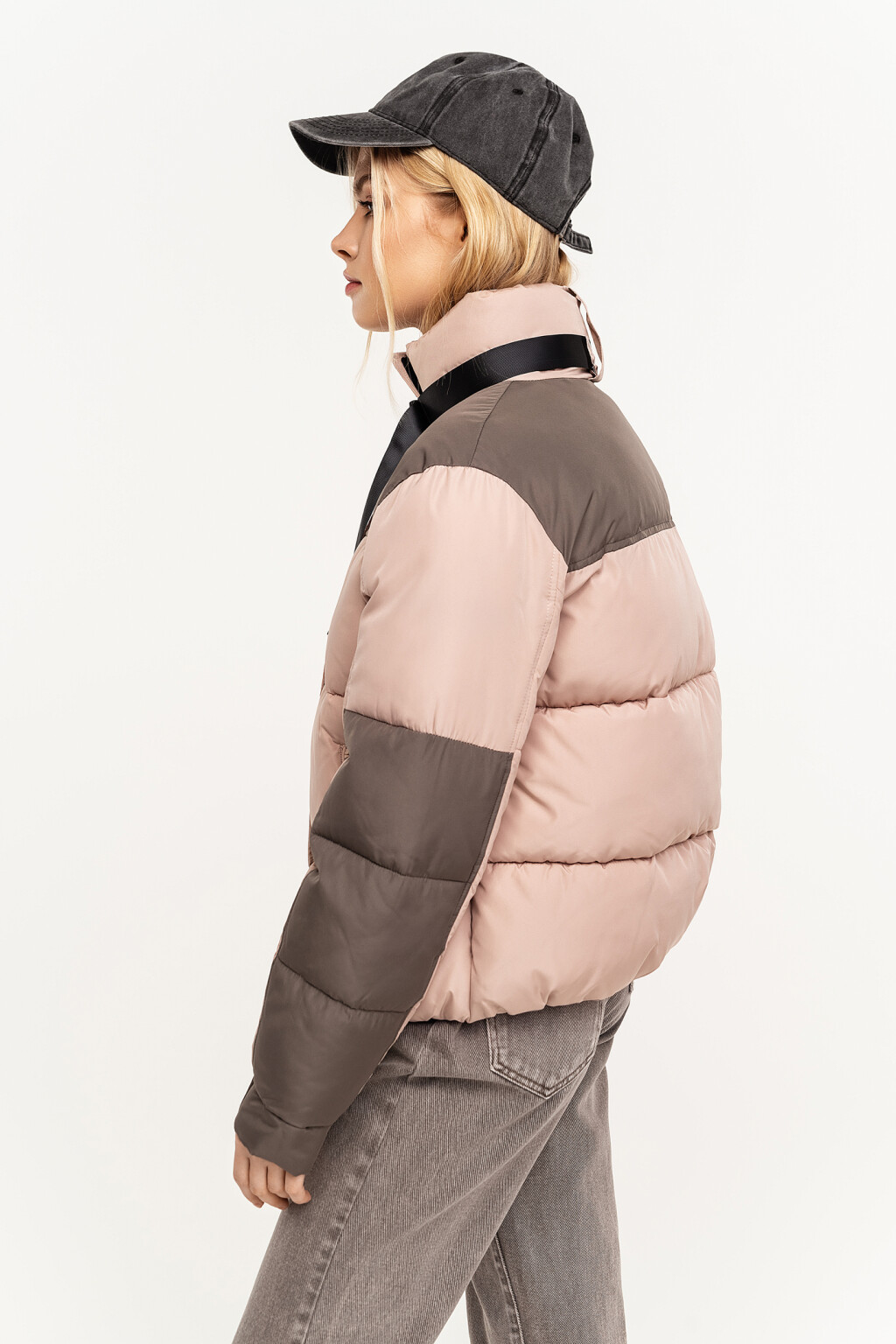 Куртка стеганая колор-блок с ремнем на воротнике - цвет бежевый - 2