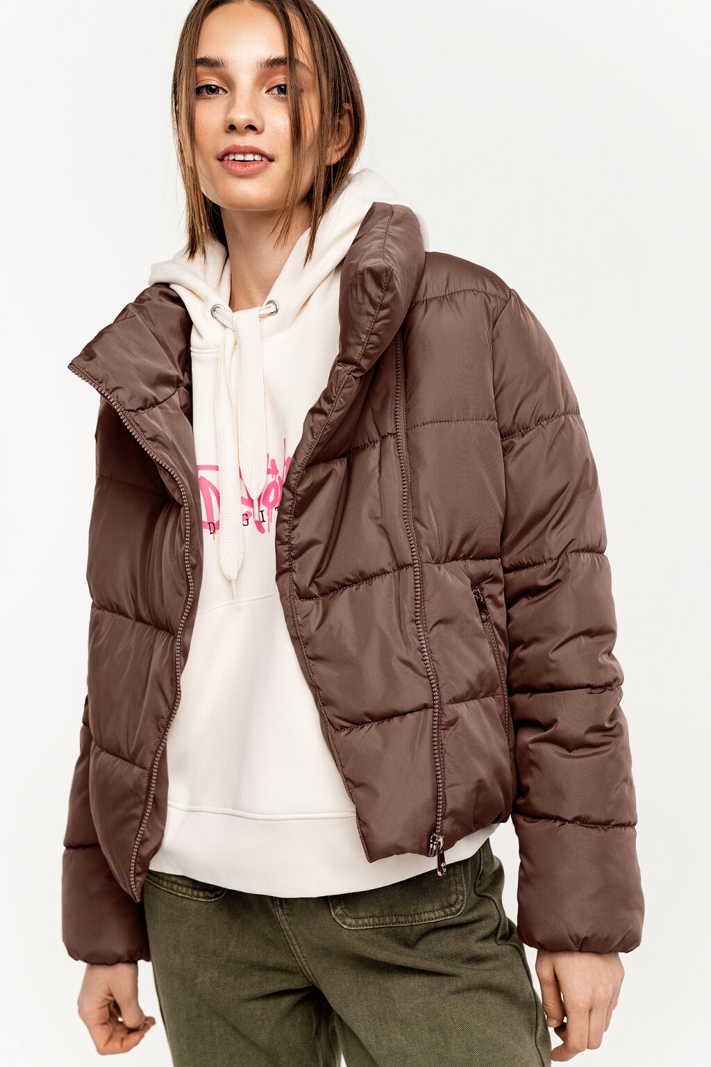 Куртка стеганая с воротником на запах и косой молнией - цвет бежевый - 1