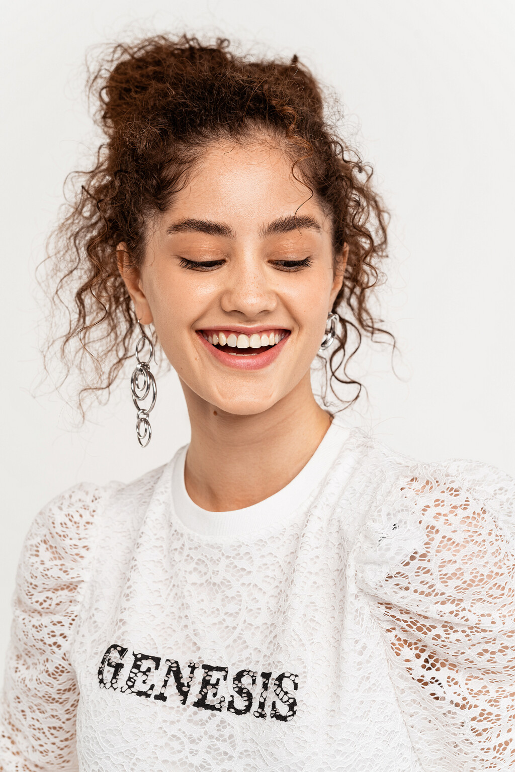 блузка кружевная укороченная с рукавами-фонариками - цвет белый - 4