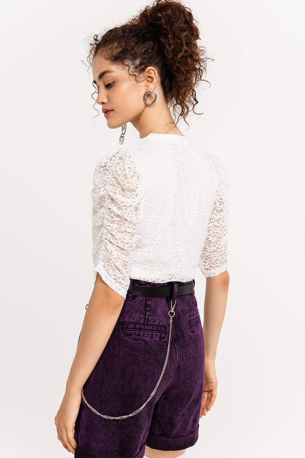 блузка кружевная укороченная с рукавами-фонариками - цвет белый - 5