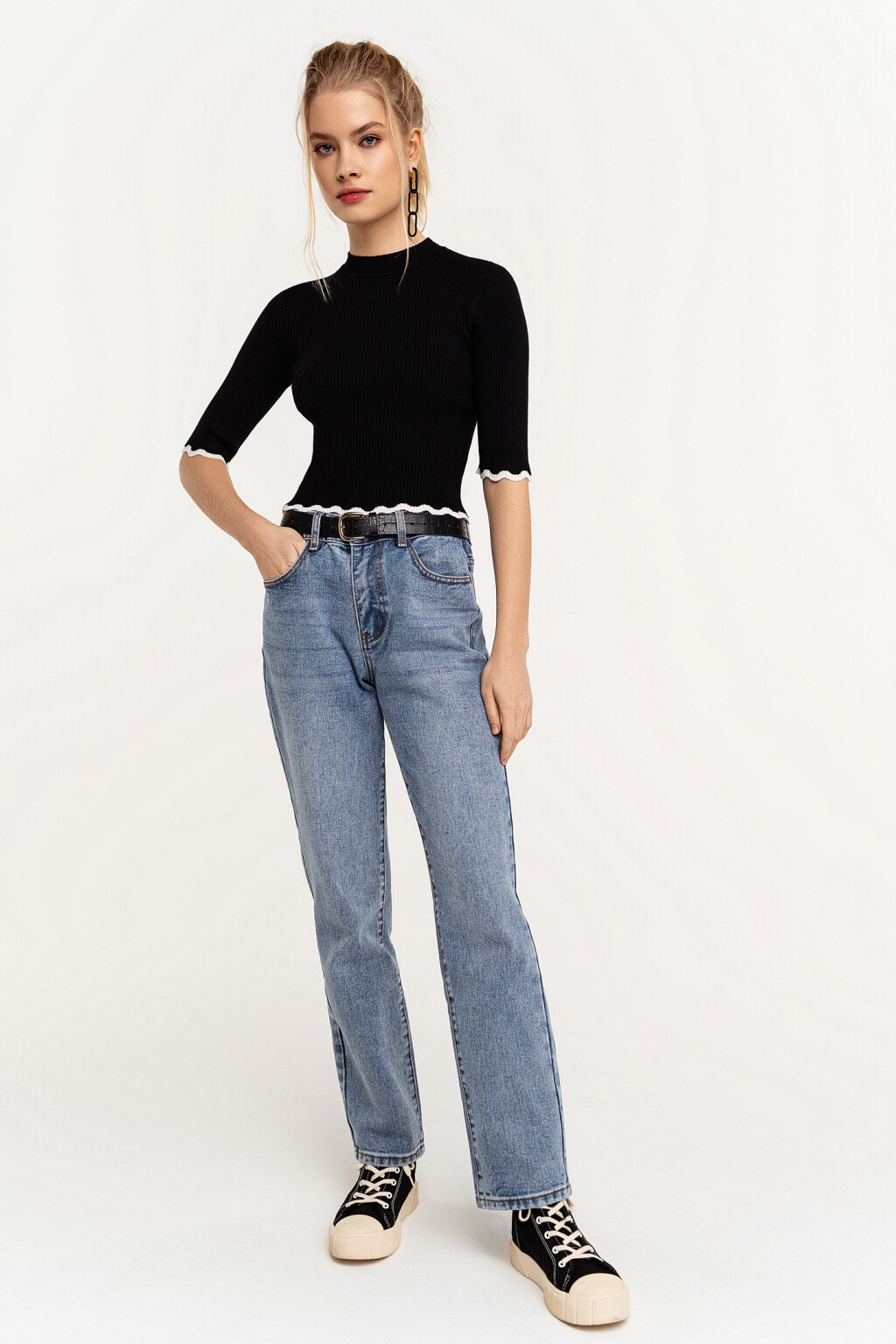 Джинсы прямые с высокой посадкой - цвет голубой - 2