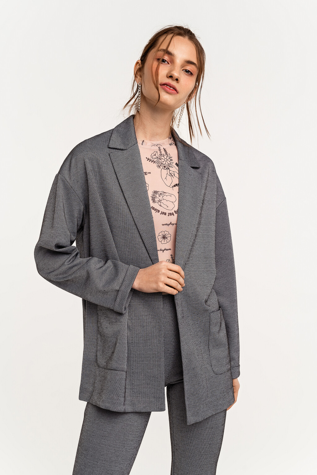 Пиджак трикотажный oversize без застежки - цвет серый - 2