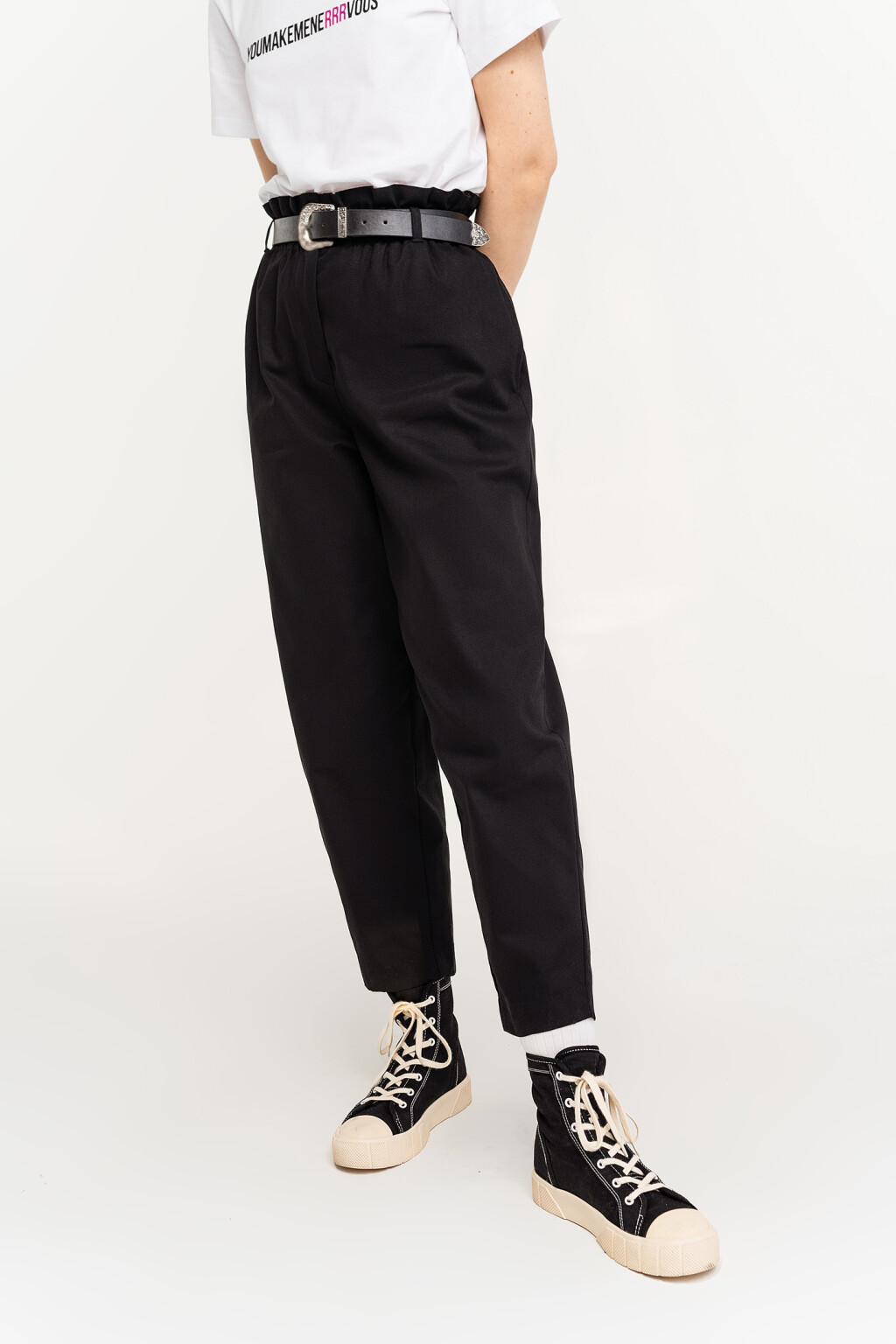 Брюки-бананы paperbag с ремнем - цвет черный - 2